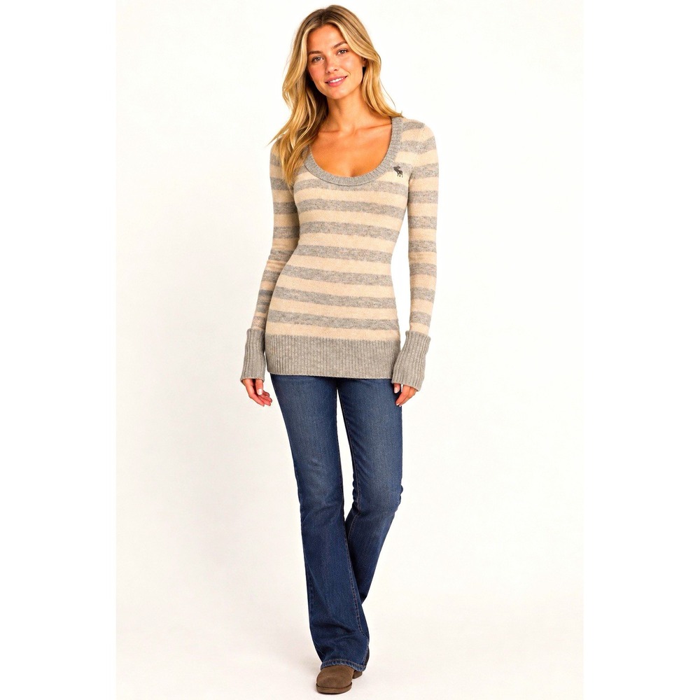 Abercrombie Y2K Women's L Gray Cream Striped Scoop Neck Pullover Angora Sweater